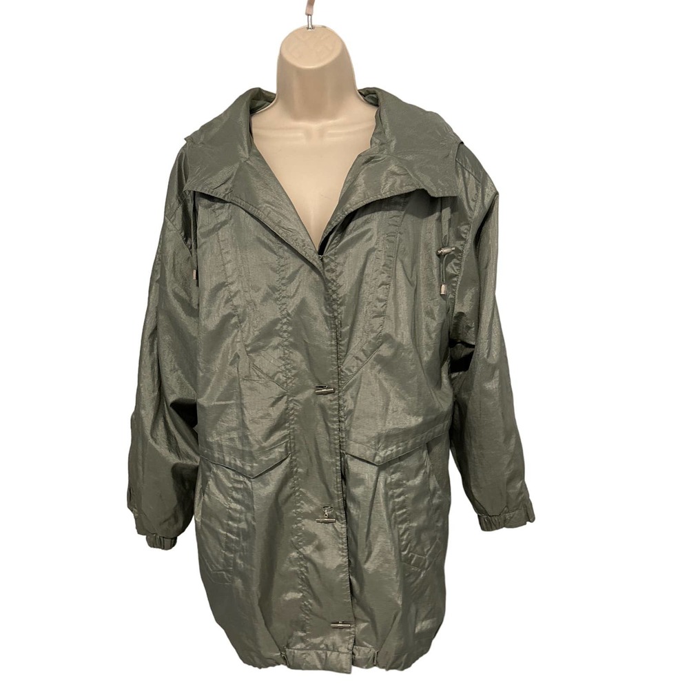 British Mist Metalic Green Rain Coat Medium Silver Toggle Buttons Pre-owned